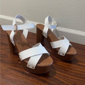 Faux Wood and Leather High Heeled Platform Dress Sandals